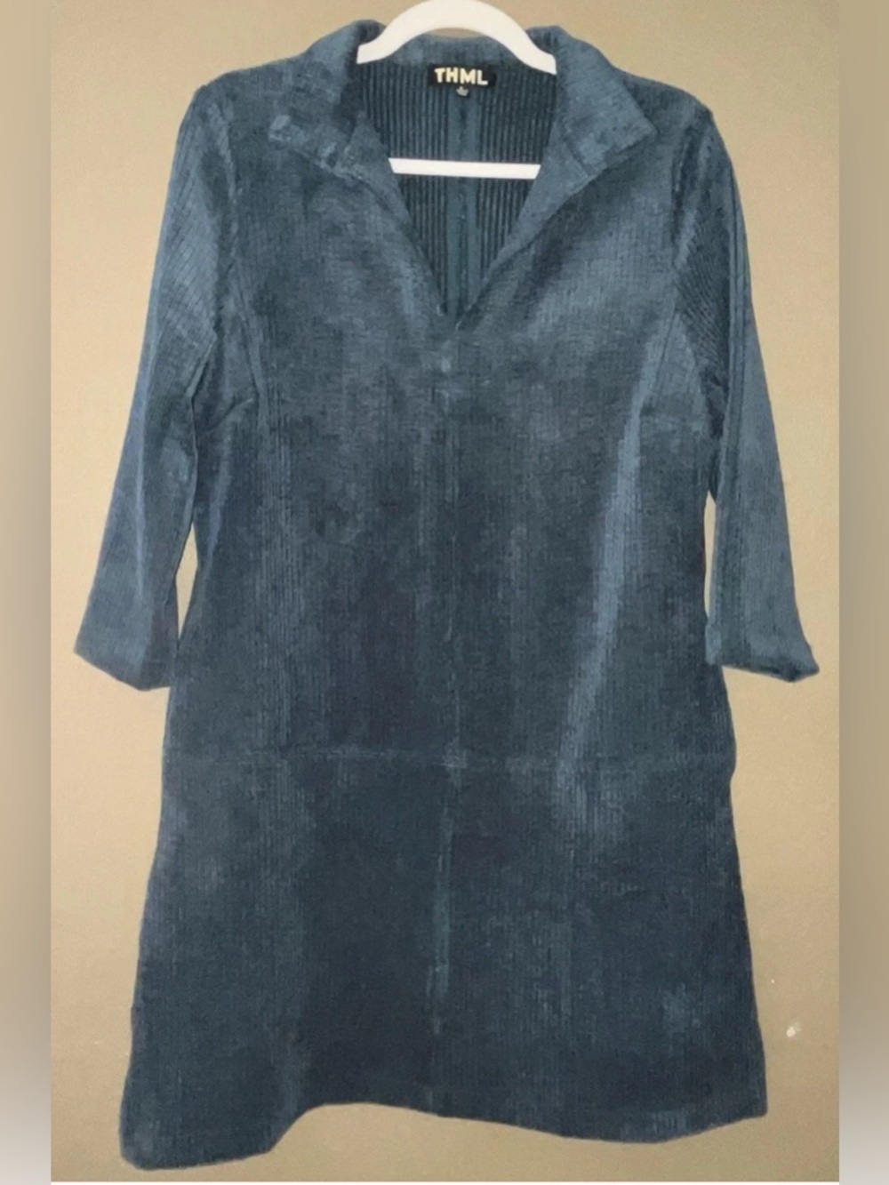 THML Anthropologie Deep Teal Corduroy Ribbed 3/4 Sleeve Shift Dress